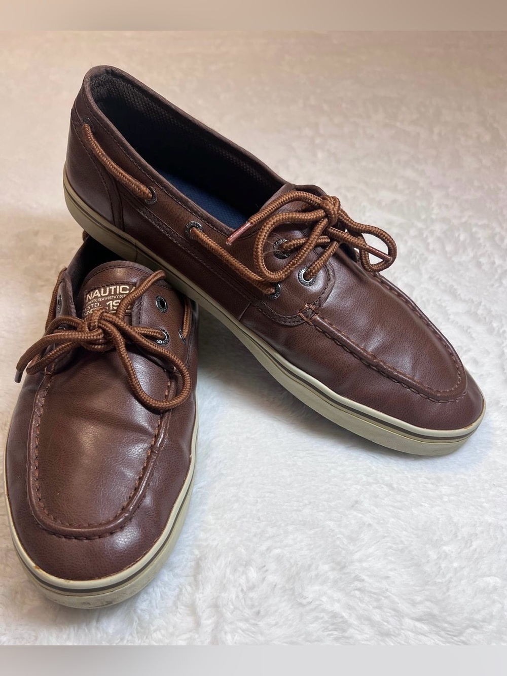 Nautica Men’s Brown Leather Lace-Up Boat Shoes with Cream Sole